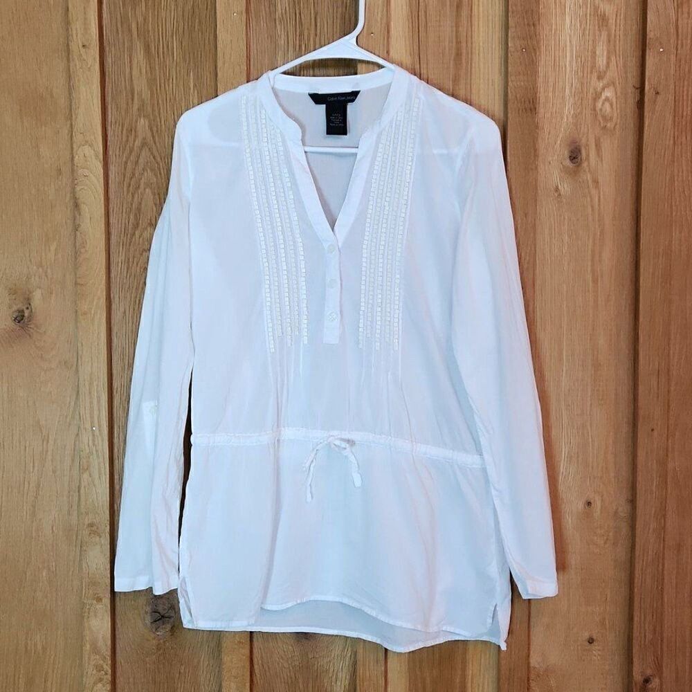 Calvin Klein Long Sleeve Sheer V-neck Tunic Oversized Blouse, Small, White